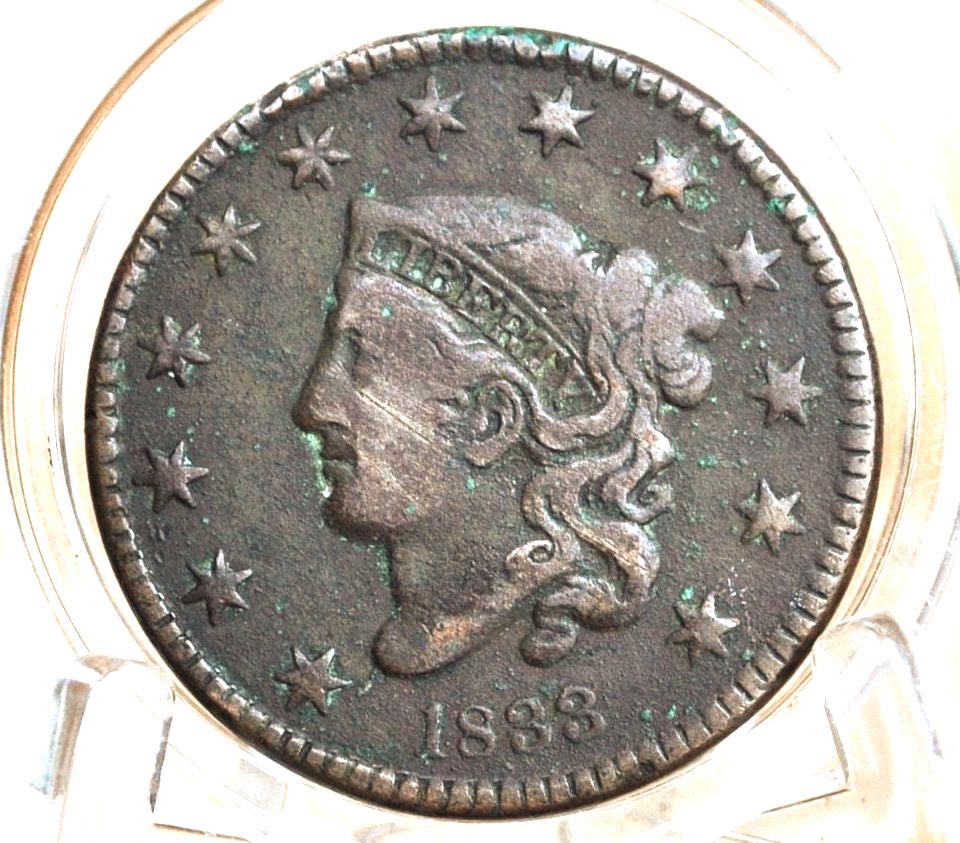 1833 Matron Head Large Cent - VG (Very Good) Grade / Condition - 1833 Liberty Head Cent - 1833 One Cent - Matron Head 1816 to 1835