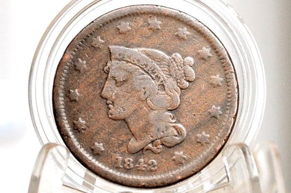 1842 Braided Hair Large Cent - G (Good), Small Date Type - 1842 Coronet Cent - 1842 US Large Cent - Braided Hair 1839 to 1857