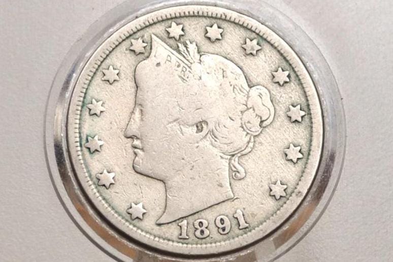 1891 Liberty Head Nickel - AG (About Good) Grade - Lower Mintage Date - 1891 V Nickel - Philadelphia Mint - 1891 Nickel
