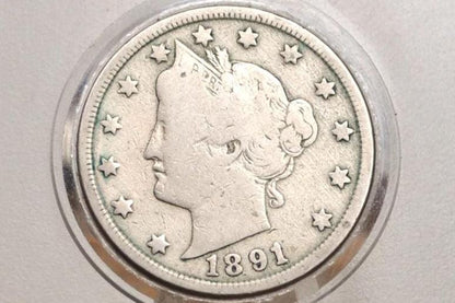 1891 Liberty Head Nickel - AG (About Good) Grade - Lower Mintage Date - 1891 V Nickel - Philadelphia Mint - 1891 Nickel