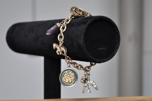 Ornate Banana Republic Women's Silver Enamel Charm Bracelet - 20 mm - Varying Charms - Horses, Doves, Stones