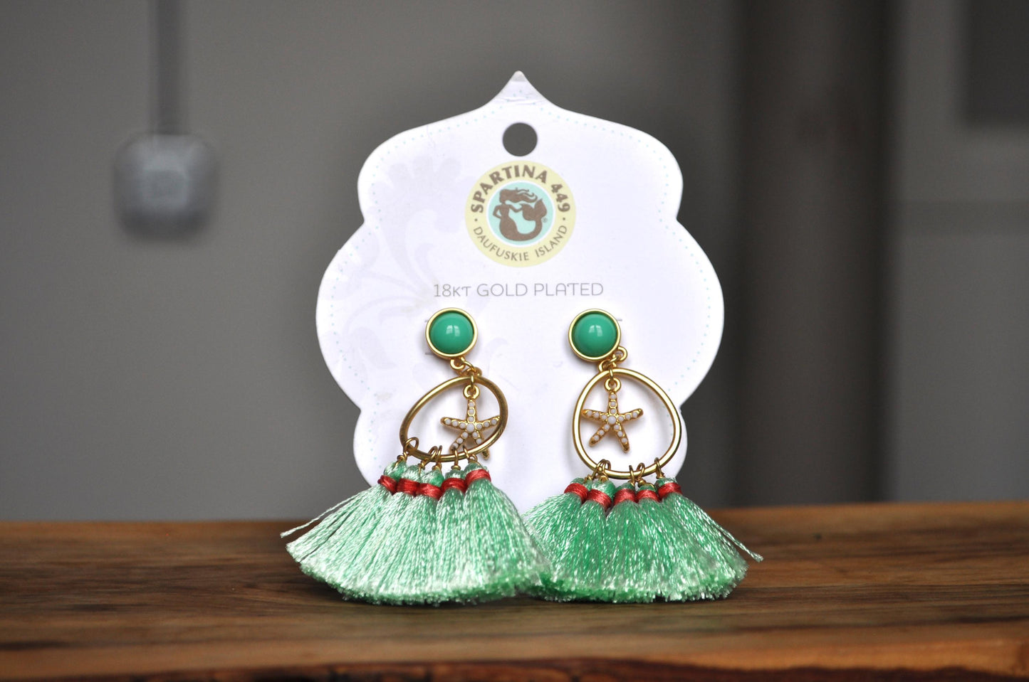 Summertime Spartina 449 18KT Gold Plated Starfish Emerald Tassel Earrings - Emerald Stone and Emerald Tassels - 18KT Gold Plated Earrings