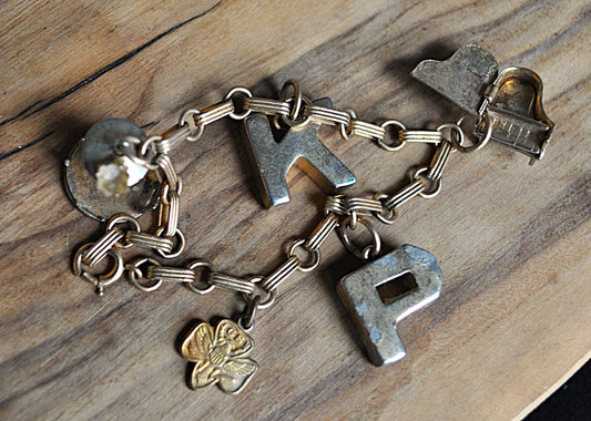 Intricate 12KT Gold Filled Charm Bracelet - 18 mm - Varying Charms - Letters, Instruments, Girls Scouts