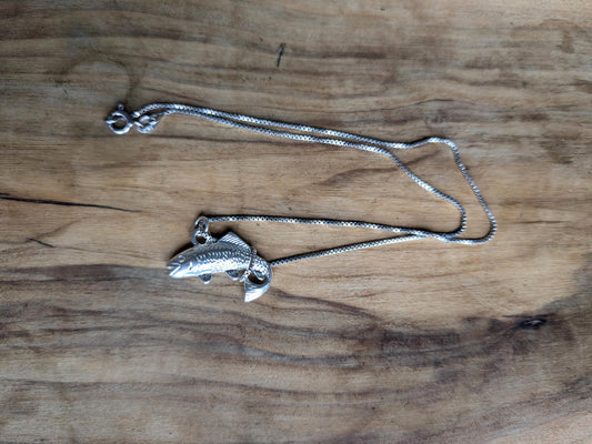 Gleaming Sterling Silver Fish Pendant Necklace - 16 inches - Cubic Chain Link Bracelet - 925 Fishing Necklace