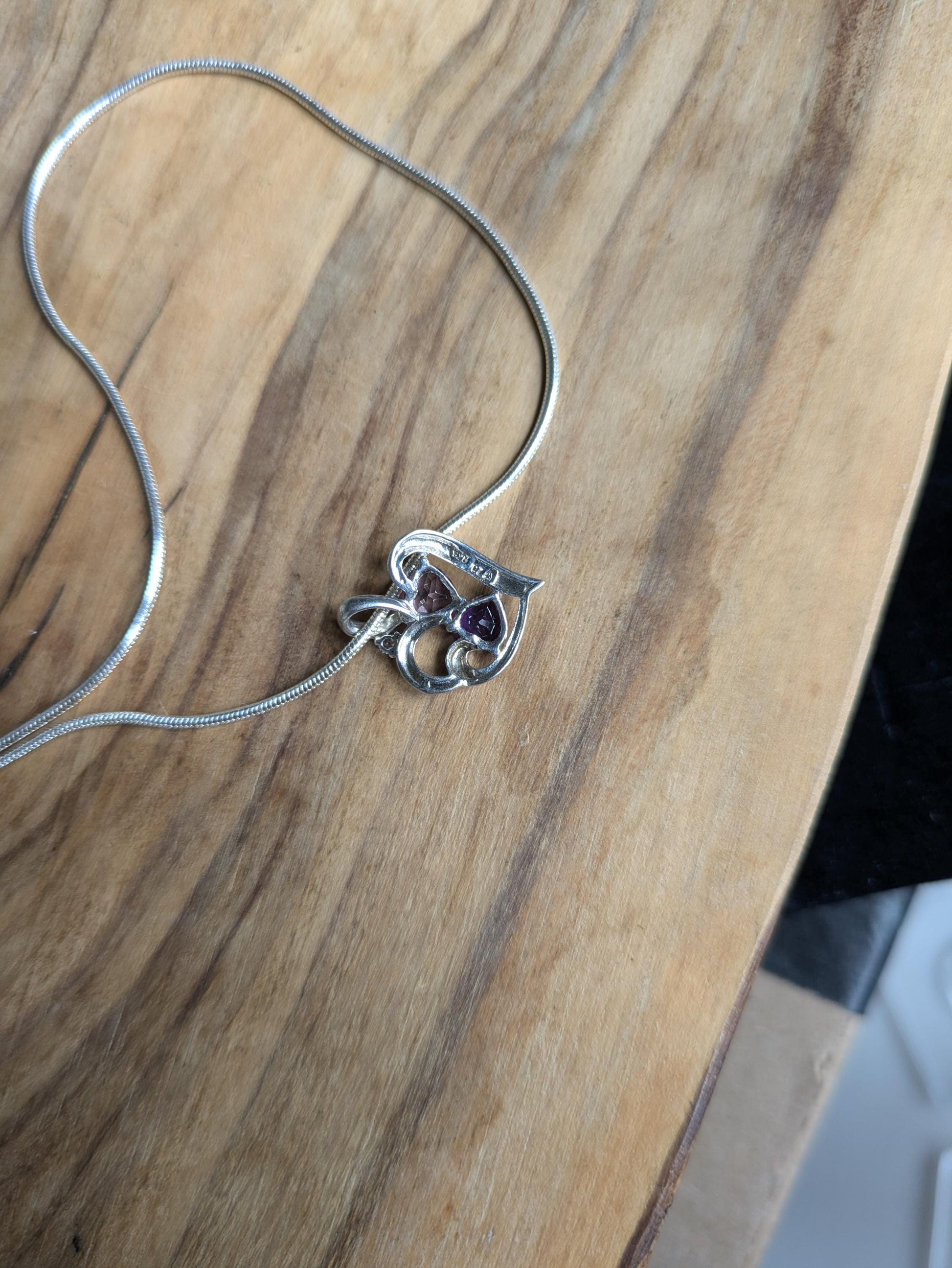 Stunning Sterling Silver Amethyst Gemstone Heart Pendant Necklace - 20 in - Varying Amethyst Shades Necklace - Double Amethyst Heart Pendant
