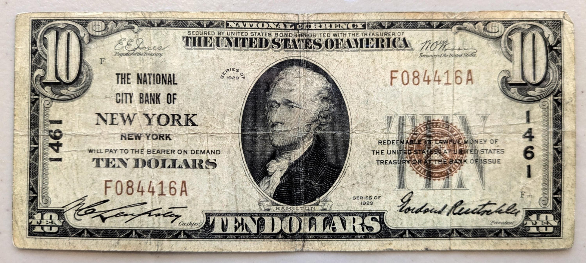 1929 New York City Bank 10 Dollar National Charter Note - Type 1 - 1929 Brown Seal Ten Dollar NY National Bank Charter Note - Charter 1461