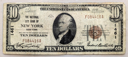 1929 New York City Bank 10 Dollar National Charter Note - Type 1 - 1929 Brown Seal Ten Dollar NY National Bank Charter Note - Charter 1461