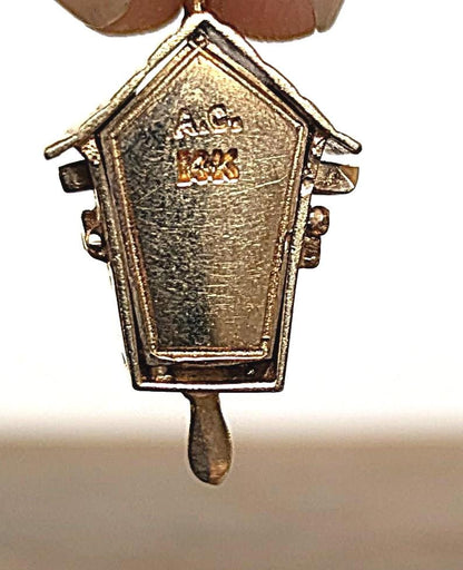 Rare 14K Gold 1960s Cuckoo Clock with Blue Enamel Bird Charm - Stamped 14K - Gold Charm - Yellow Gold Charm