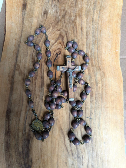 Antique Catholic Rosary Spina Christi Wooden Beads with Wood and Sterling Silver Cross and Our Lady of Lourdes Charm - Italian Religious