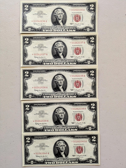Set of 5 1963A Red Seal 2 Dollar United States Notes - UNC - Consecutive Serial Numbers - 1963 A Two Dollar Legal Tender Notes - Fr.1514 (Co