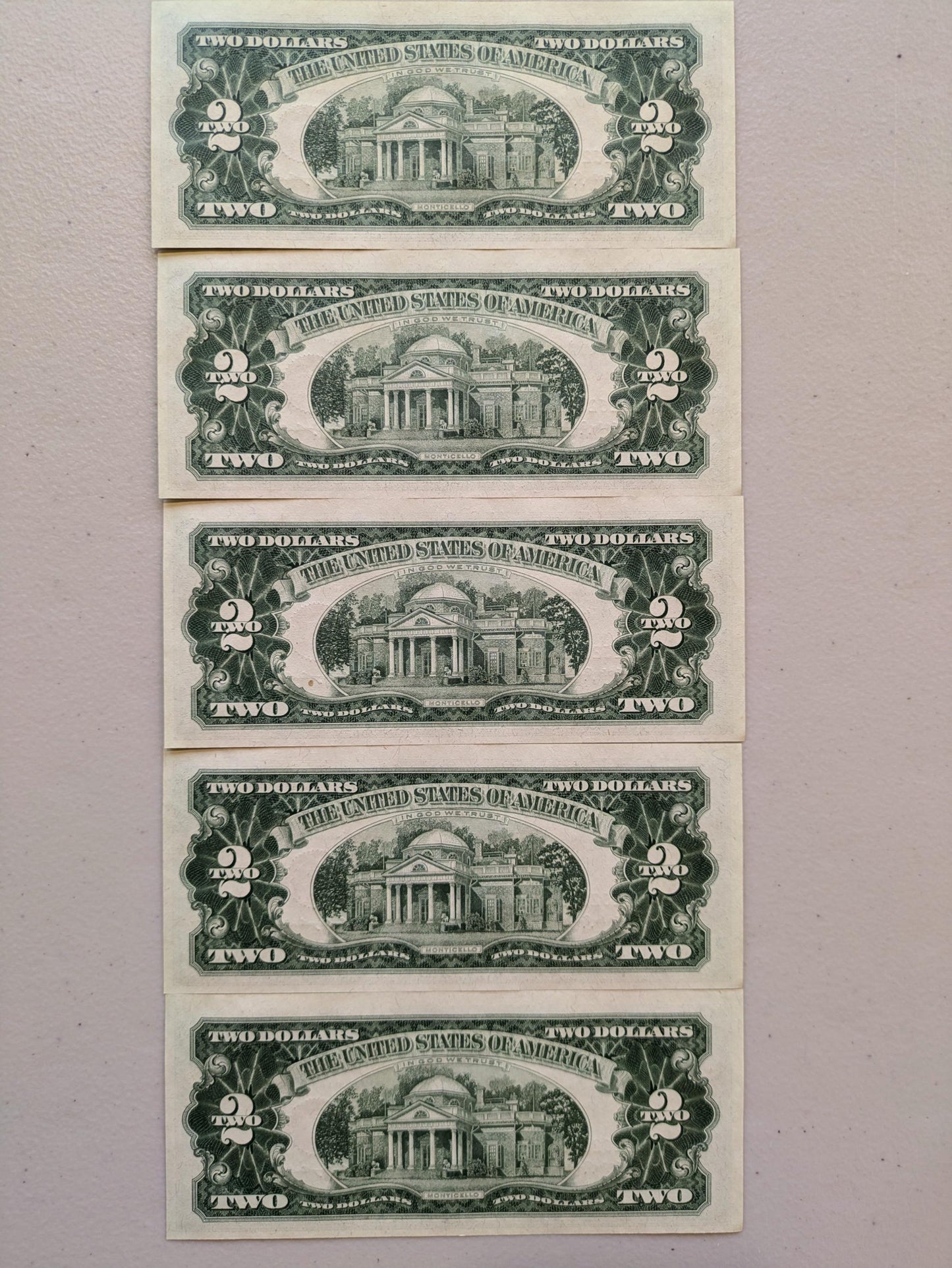 Set of 5 1963A Red Seal 2 Dollar United States Notes - UNC - Consecutive Serial Numbers - 1963 A Two Dollar Legal Tender Notes - Fr.1514 (Co