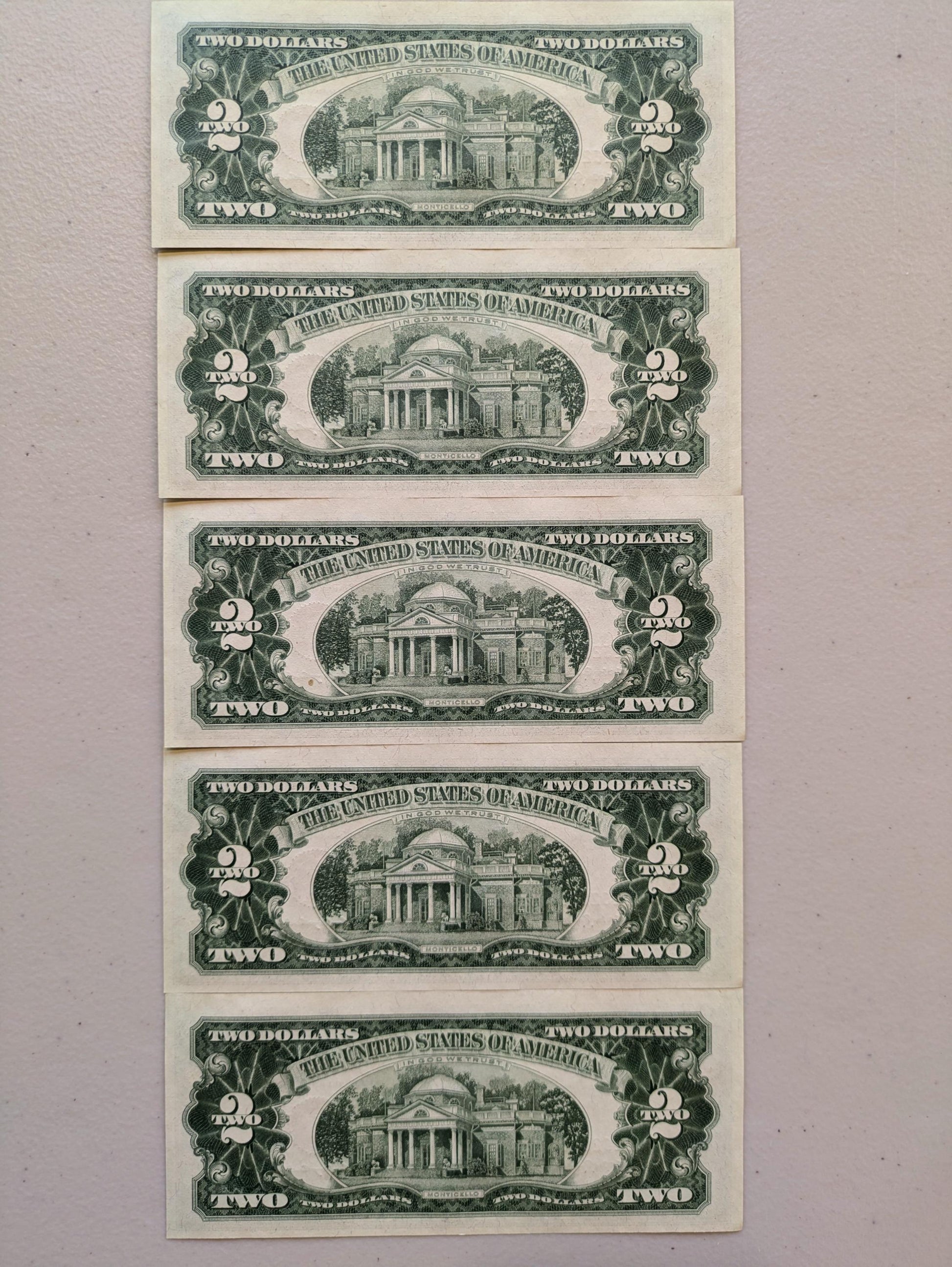 Set of 5 1963A Red Seal 2 Dollar United States Notes - UNC - Consecutive Serial Numbers - 1963 A Two Dollar Legal Tender Notes - Fr.1514 (Co
