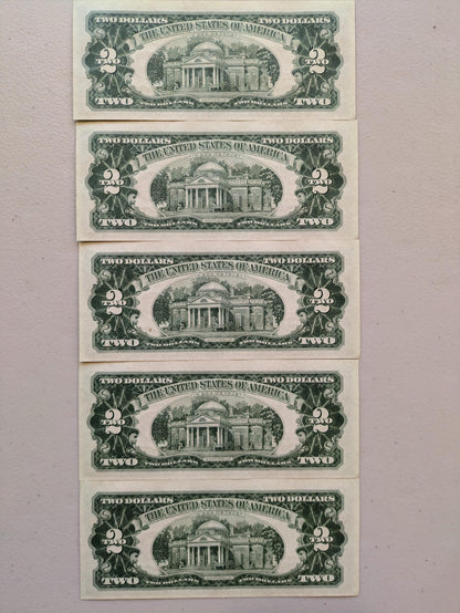 Set of 5 1963A Red Seal 2 Dollar United States Notes - UNC - Consecutive Serial Numbers - 1963 A Two Dollar Legal Tender Notes - Fr.1514 (Co