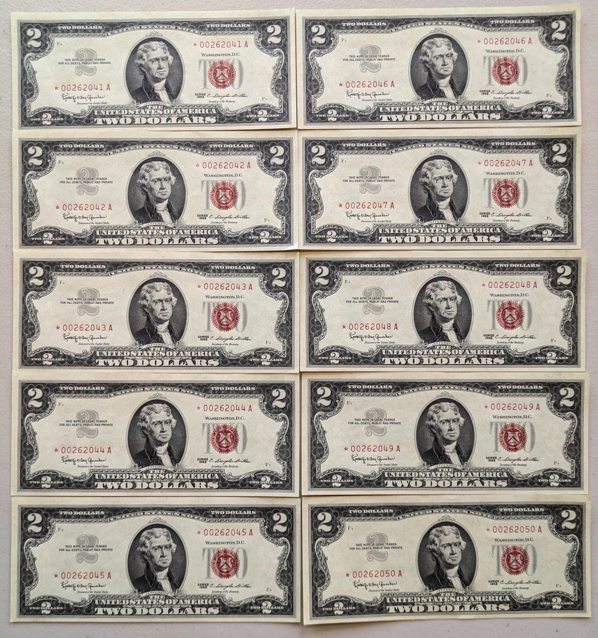 Set of 5 1963A Red Seal 2 Dollar United States Notes - UNC - Consecutive Serial Numbers - 1963 A Two Dollar Legal Tender Notes - Fr.1514 (Co