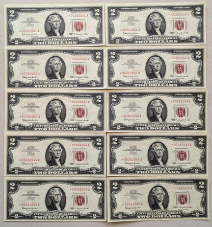 Set of 5 1963A Red Seal 2 Dollar United States Notes - UNC - Consecutive Serial Numbers - 1963 A Two Dollar Legal Tender Notes - Fr.1514 (Co