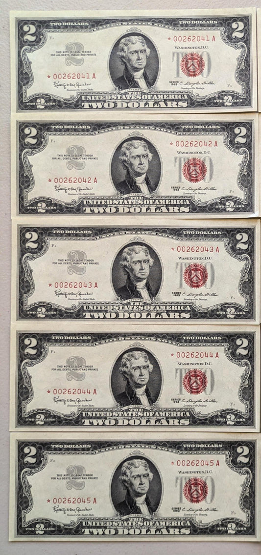 Set of 5 1963A Red Seal 2 Dollar United States Notes - UNC - Consecutive Serial Numbers - 1963 A Two Dollar Legal Tender Notes - Fr.1514 (Co