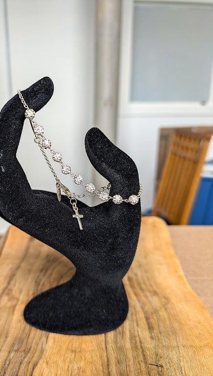 Sparkling Sterling Silver Dyadema Italy Crystal Bead Religious Madonna Cross Bracelet - Crystal Cross Bracelet - Small Crystal Beads