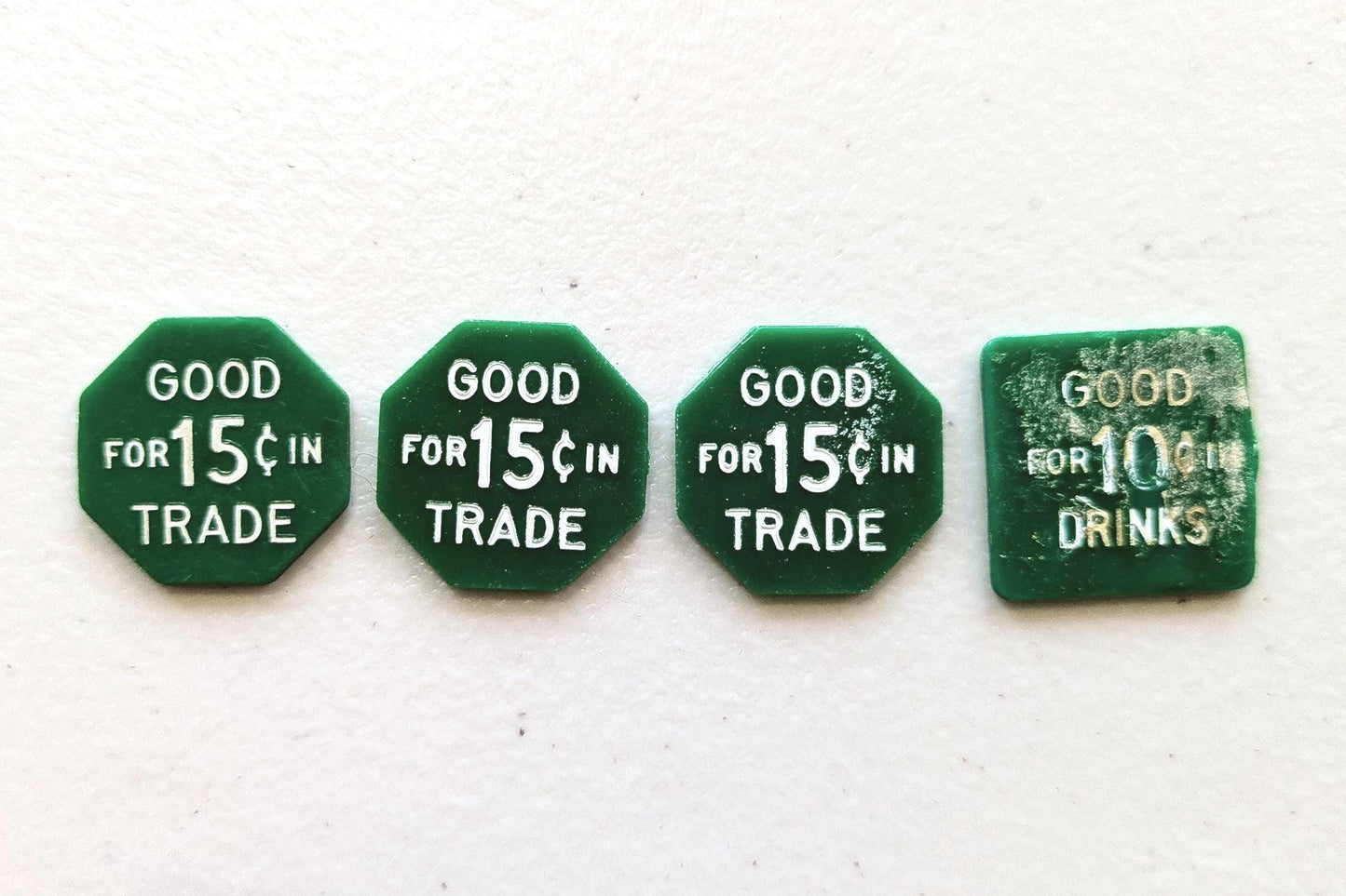 Lot of 4 Green Trade/Drink tokens - Square and Octagon Shaped Trade Tokens