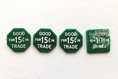 Lot of 4 Green Trade/Drink tokens - Square and Octagon Shaped Trade Tokens