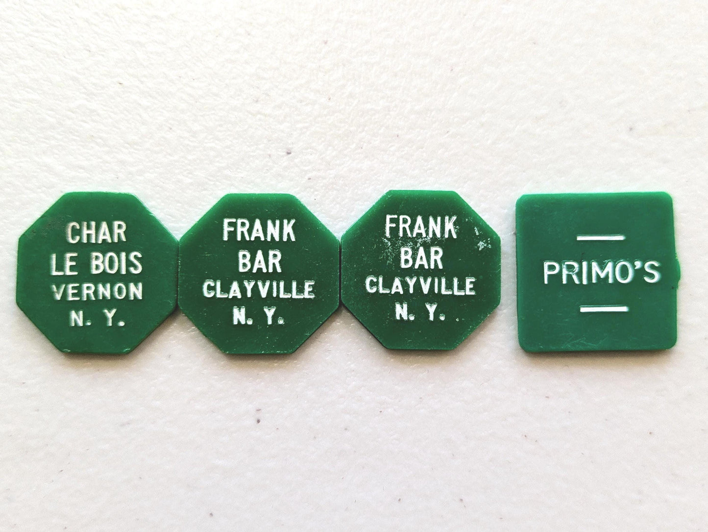 Lot of 4 Green Trade/Drink tokens - Square and Octagon Shaped Trade Tokens