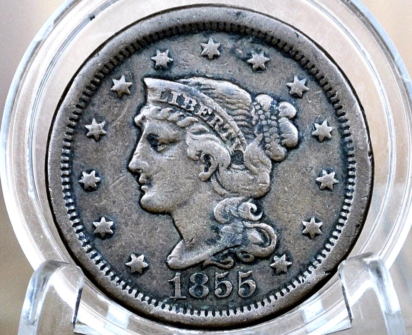 1855 Braided Hair Large Cent - VF (Very Fine) Grade / Condition - 1855 Coronet Cent - 1855 US Large Cent - Braided Hair Upright 5