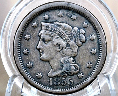 1855 Braided Hair Large Cent - VF (Very Fine) Grade / Condition - 1855 Coronet Cent - 1855 US Large Cent - Braided Hair Upright 5