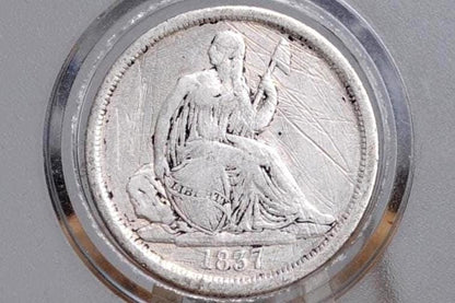 1837 Seated Liberty Dime - Fine+ Detail, Scratched, Discount Coin - No Stars, Large Date, First Year Made, 1837 Silver Dime 1837 Us 1 Dime