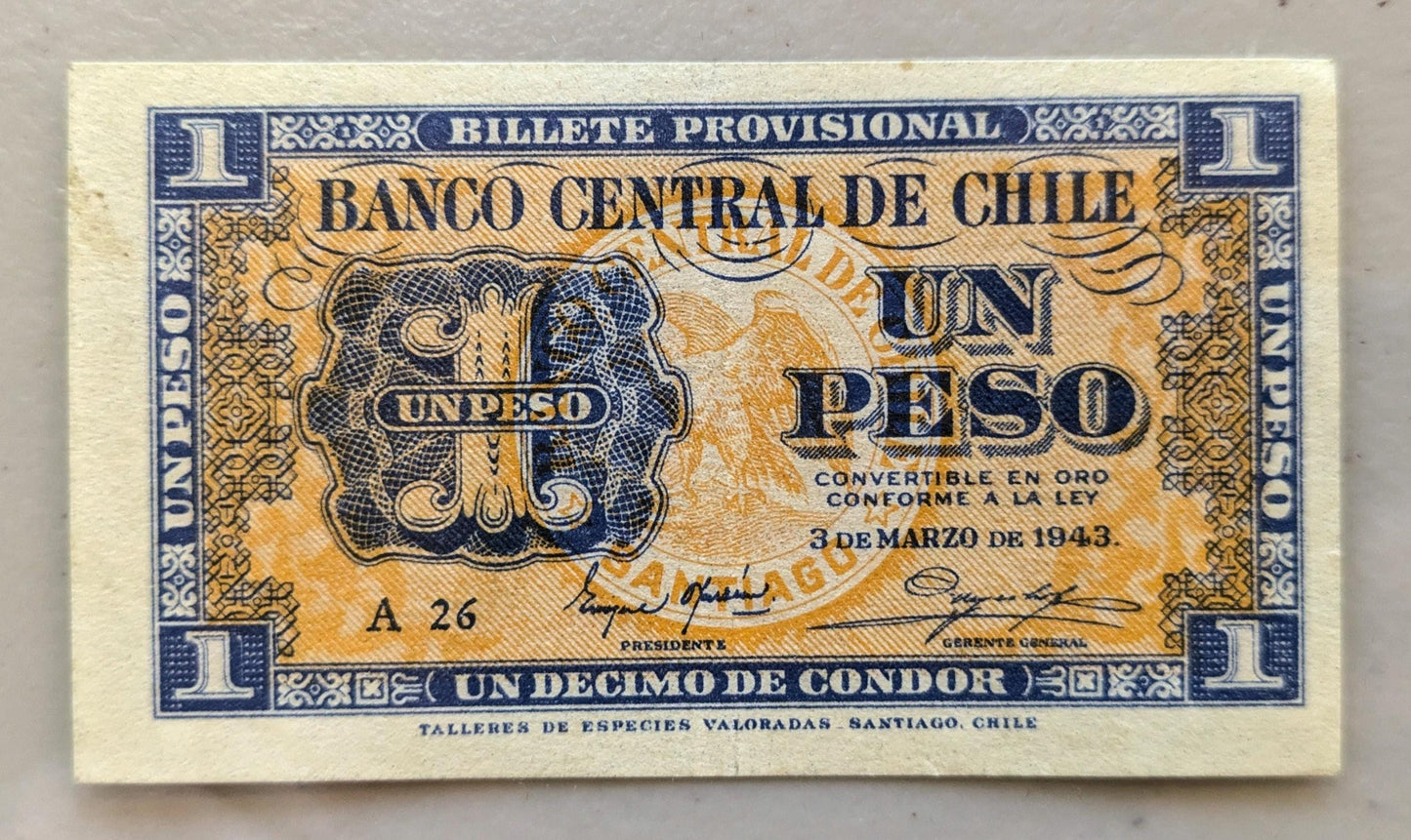 1943 Central Bank of Chile 1 Pesos 1/10 Condor Note - Series A, Light Orange Reverse - 1943 Chilean One Peso One Tenth Condor Note - P#90a