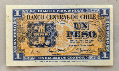 1943 Central Bank of Chile 1 Pesos 1/10 Condor Note - Series A, Light Orange Reverse - 1943 Chilean One Peso One Tenth Condor Note - P#90a