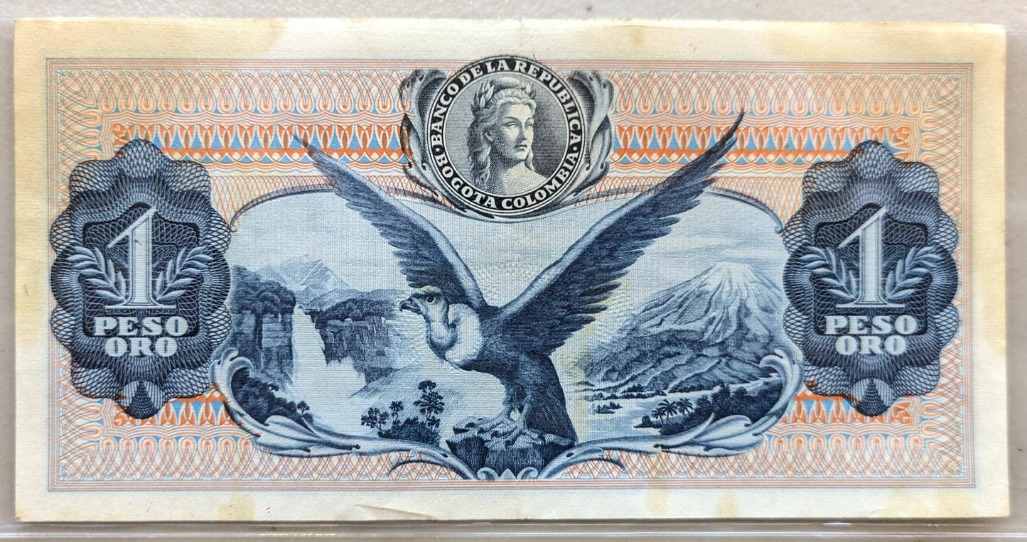 1972 Colombia 1 Peso Oro Note - Dot Year Issue (1.972) - No Security Thread - 1972 Colombian Republic One Un Peso Oro Banknote - P#404e