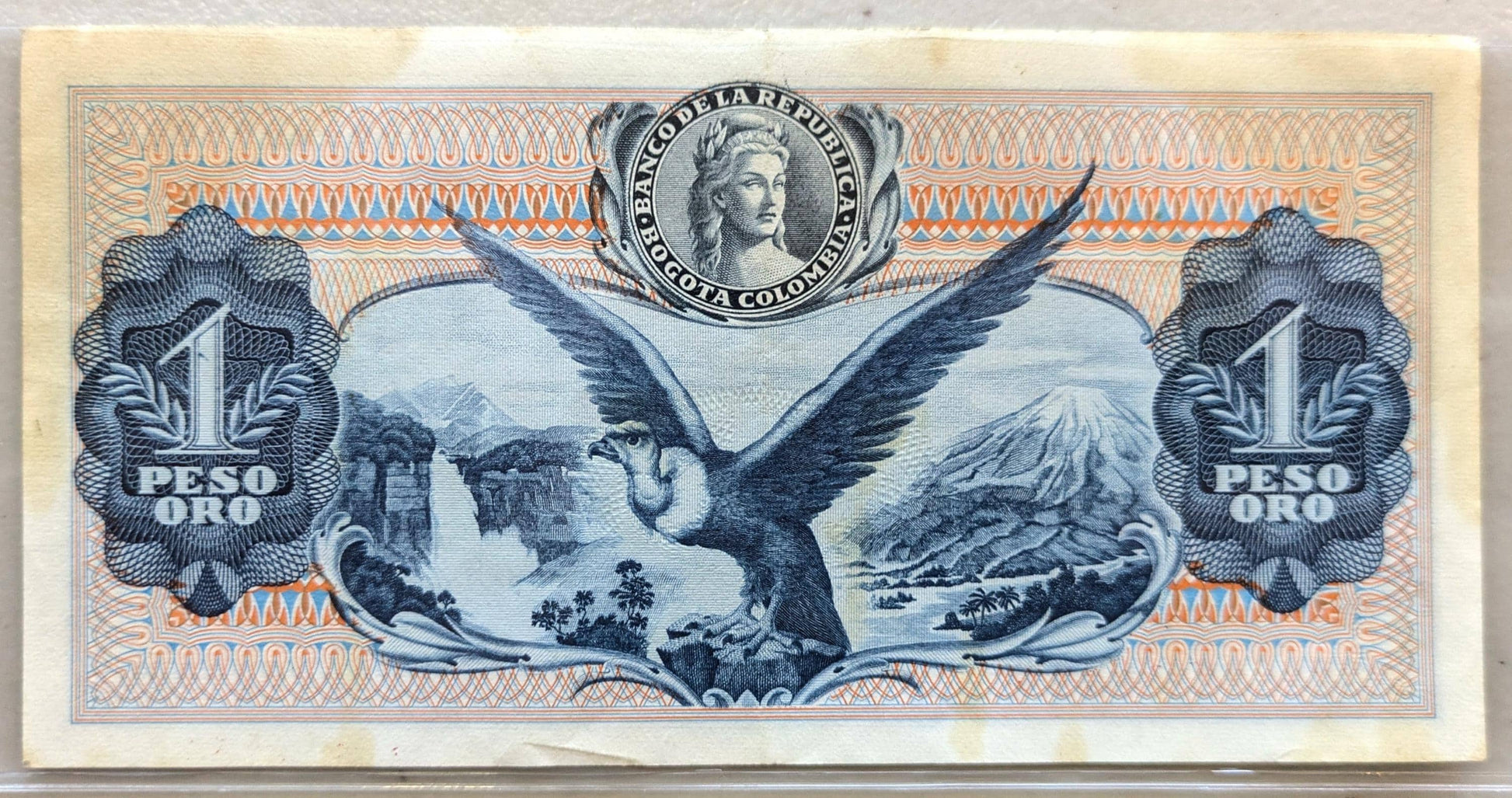 1972 Colombia 1 Peso Oro Note - Dot Year Issue (1.972) - No Security Thread - 1972 Colombian Republic One Un Peso Oro Banknote - P#404e