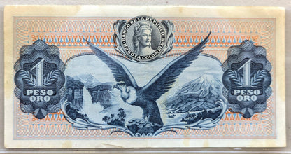 1972 Colombia 1 Peso Oro Note - Dot Year Issue (1.972) - No Security Thread - 1972 Colombian Republic One Un Peso Oro Banknote - P#404e
