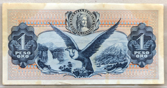1972 Colombia 1 Peso Oro Note - Dot Year Issue (1.972) - No Security Thread - 1972 Colombian Republic One Un Peso Oro Banknote - P#404e