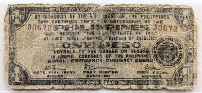 1942 Philippines Bohol Emergency 1 Peso Note - WWII Emergency Currency Philippines - 1942 Bohol Filipino One Peso Banknote - P#S135e