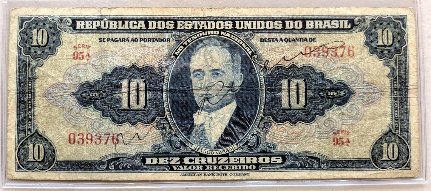1943 Brazil Valor Recibido 10 Cruzieros Note - Hand Signed Type - Series 95a - 1943 Brazilian Treasury Ten Cruzeiros Banknote - P#135a