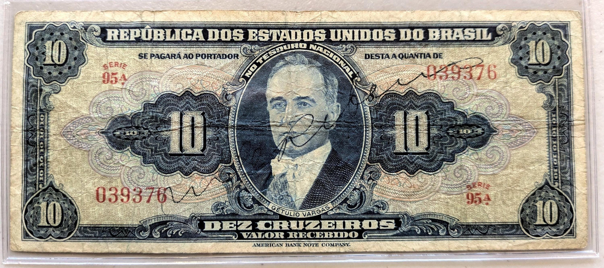 1943 Brazil Valor Recibido 10 Cruzieros Note - Hand Signed Type - Series 95a - 1943 Brazilian Treasury Ten Cruzeiros Banknote - P#135a