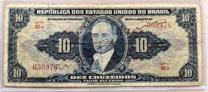 1943 Brazil Valor Recibido 10 Cruzieros Note - Hand Signed Type - Series 95a - 1943 Brazilian Treasury Ten Cruzeiros Banknote - P#135a