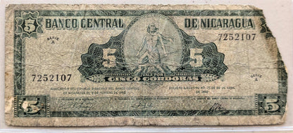 1962 Central Bank of Nicaragua 5 Cordobas Note - Series A - Corner Tear, Fine Grade - 1962 Nicaraguan Cinco Five Cordobas Banknote - P#108a