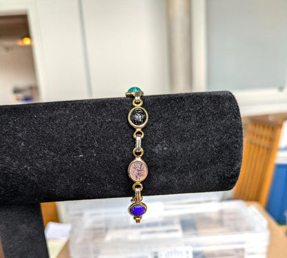 Vintage Egyptian Scarab Gold-Tone Bracelet - 19 Inches - Egyptian Revival Scarab Bracelet - Multicolor Scarab Bracelet - Scarab Amulet