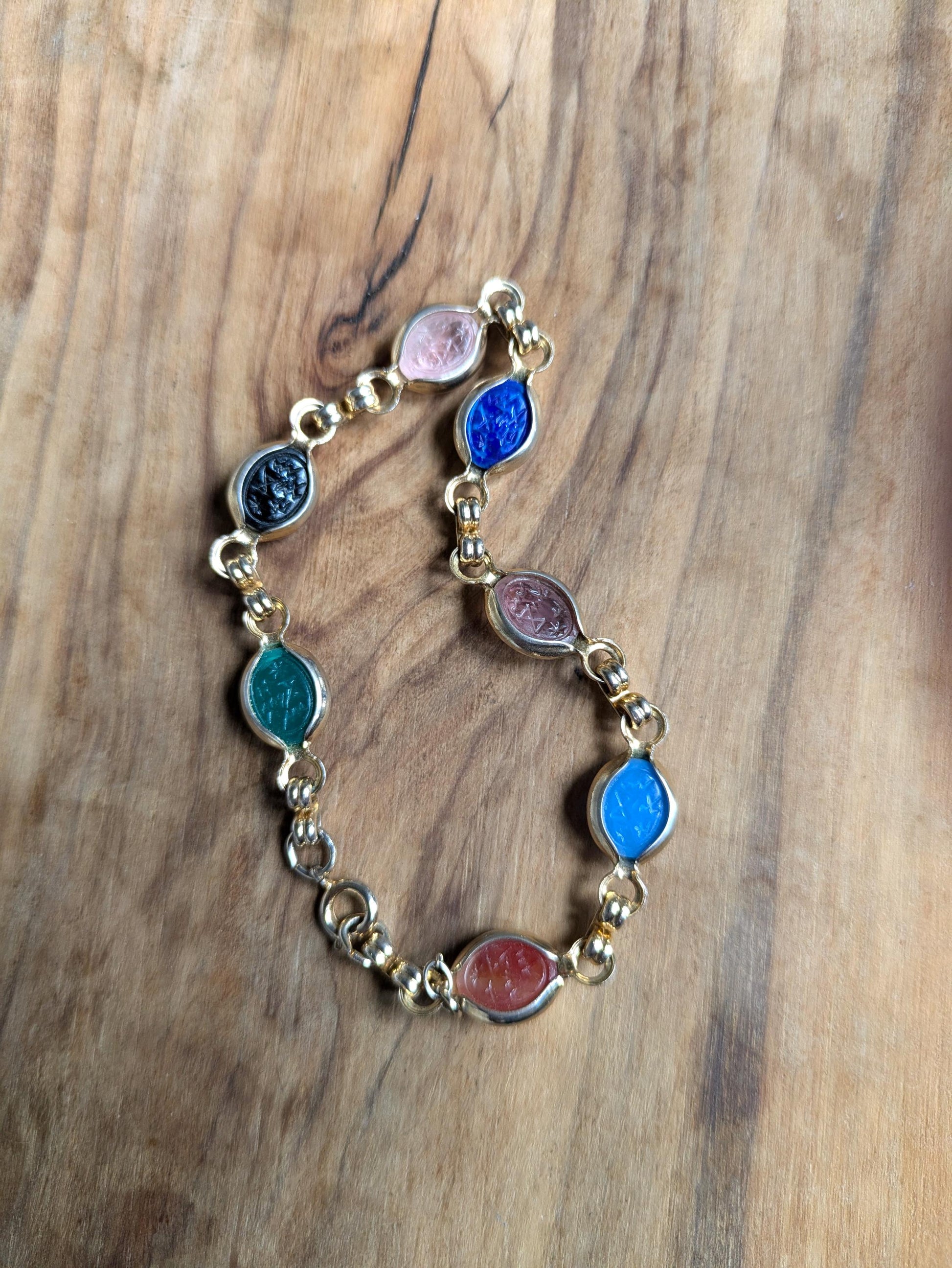 Vintage Egyptian Scarab Gold-Tone Bracelet - 19 Inches - Egyptian Revival Scarab Bracelet - Multicolor Scarab Bracelet - Scarab Amulet