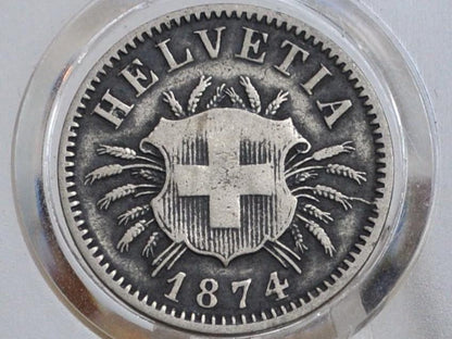 Rarer 1874B Switzerland 5 Rappen - Great Condition - 50% Silver - 1874 B Helvetica 1 Rappen Swiss One Rappen 1874, Great Coin