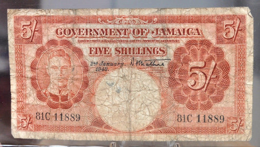 1948 Government of Jamaica 5 Shillings Banknote - 2nd January 1948 Issue - King George VI - 1948 British Jamaica Five Shilling Note - P#37a