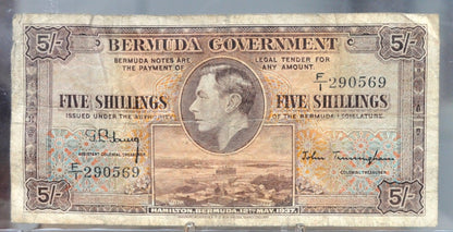 1937 Bermuda Government 5 Shillings Note - King George VI Type - Fractional Prefix - 1937 British Bermuda Five Shillings Banknote - P#8b