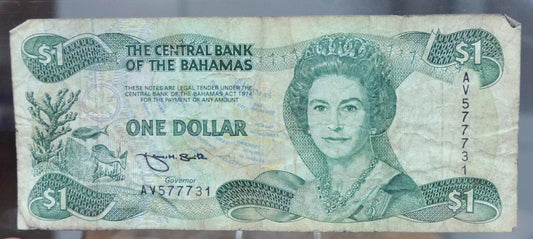 1992 Bahamas Central Bank 1 Dollar Note - Vertical and Horizontal Serial - Queen Elizabeth II - 1992 British Bahamas One Dollar Note - P#51a