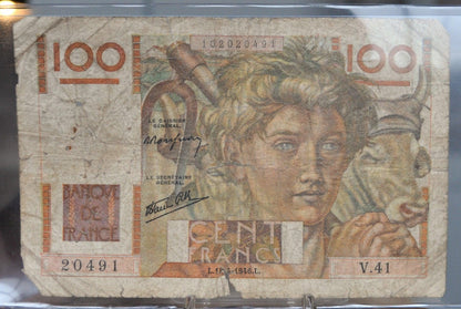 1946 Bank of France 100 Franc Note - Farmer Type - Rousseau/Favre-Gilly Signatures - 1946 French One Hundred Francs Banknote - P#128a