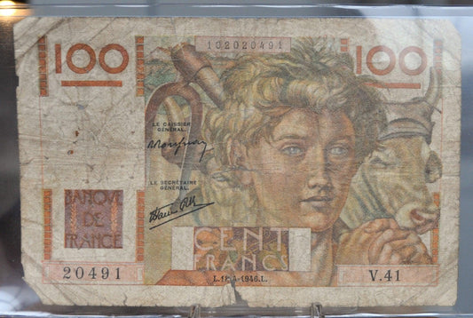 1946 Bank of France 100 Franc Note - Farmer Type - Rousseau/Favre-Gilly Signatures - 1946 French One Hundred Francs Banknote - P#128a
