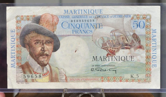 1947 French Martinique 50 Francs Banknote - Rare Colonial Africa Note - Extremely Fine (XF) - 1947 N.D. Martinique Fifty Francs Note - P#30a