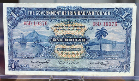 RARE 1943 Government of Trinidad and Tobago 1 Dollar Note - 1.1.43 Date - 1943 Trinidad and Tobago One Dollar Banknote - P#5c