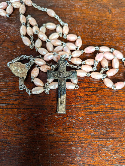 Antique Pink Celluloid Rosary Necklace - Timeworn Pink Beaded Necklace - Jesus Crucifix Rosary Necklace - Pink Beaded Crucifix Necklace