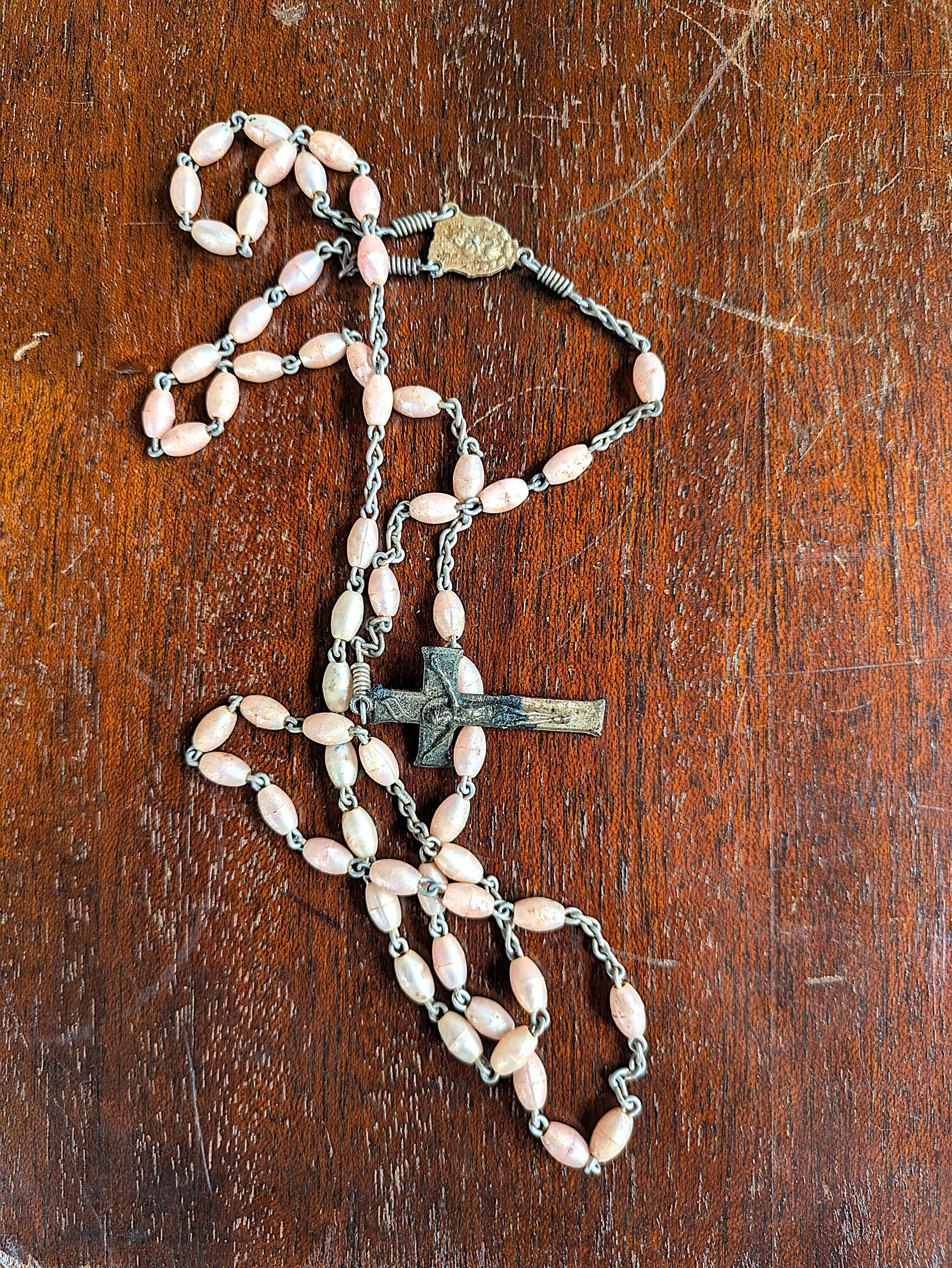 Antique Pink Celluloid Rosary Necklace - Timeworn Pink Beaded Necklace - Jesus Crucifix Rosary Necklace - Pink Beaded Crucifix Necklace